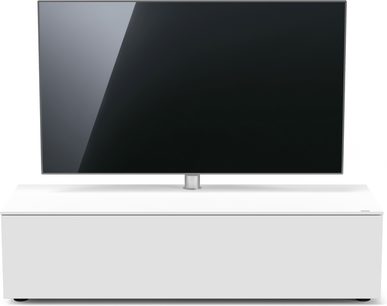 Bílý TV stolek s integrovanou černou plochou obrazovkou, pohled zepředu