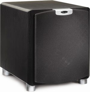 Mirage Omni S10 black subwoofer, front view slightly angled, cubic shape, wood material, silver speaker