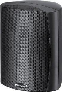 Boxă de exterior Paradigm Stylus 170, vedere frontală, grilaj perforat negru care acoperă suprafața frontală, carcasă dreptunghiulară rotunjită