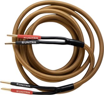 Reproduktorový kabel Unitra KG-25 2 x 4 m hnědý s opleteným pláštěm, pohled shora, čtyři kovové banánkové konektory červené/černé