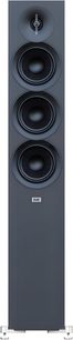 Elac Debut 3.0 DF53 sortøjershøjtaler i sort, set forfra, med bølgeledertweeter, tre woofer og metalfødder