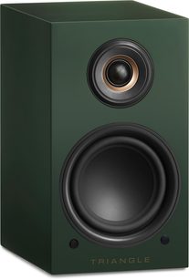 Boxă Triangle Elara LN-01A verde Engleză, vedere frontală, subwoofer verde închis mat, difuzor negru lucios, tweeter auriu