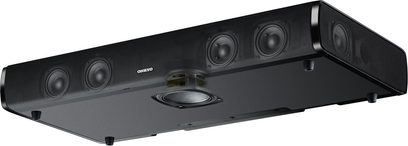 Onkyo LS-T10 schwarze Soundbar, 5 Lautsprecher, 1 integrierter Bassboxe, Frontansicht, flach aufgestellt
