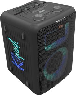 Přenosný Bluetooth reproduktor Klipsch Vegas, pohled z úhlu, perforovaná přední mřížka s barevným osvětlením, texturované ovládací prvky na horní straně