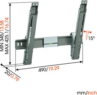 Vogel's THIN 215 sort vægbeslag, profilvisning med mål i mm/tommer, 490/19,29 lang, 15° hældning