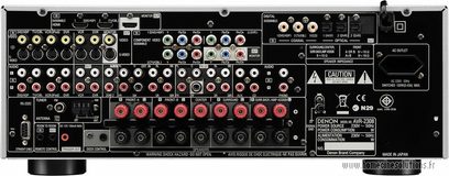 Denon AVR-2308 thuisbioscoopversterker, vooraanzicht, vele aansluitingen en knoppen, digitaal display, zwarte kleur