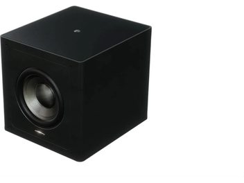 Černý subwoofer Sonus Faber Gravis III, pohled z tříčtvrteční perspektivy s viditelným předním reproduktorem