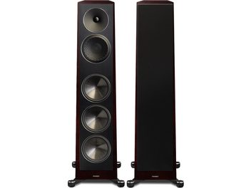 Two Paradigm Founder 120H floorstanding speakers in dark cherry wood finish, with three round woofers and one tweeter, shown in a front view