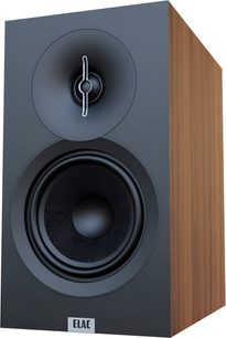 Elac Debut 3.0 DB53 bookshelf speaker in walnut wood finish, black baffle, horn tweeter, woofer, three-quarter view