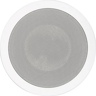 Magnat Interior IC62 Tavan Gömme Hoparlör, ön görünüm, delikli dairesel ızgara, ince yuvarlak çerçeve, açık renk yüzey