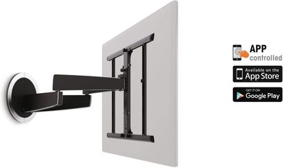 Zwarte metalen muurbeugel voor tv, zijaanzicht, uitgevouwen scharnierende arm, rechthoekige muurbevestiging, App Store- en Google Play-logo's