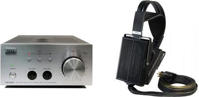 Stříbrný zesilovač STAX SRM-006TS, otevřená sluchátka STAX SR-507 černá, černý kabel s 6,35mm jack konektorem