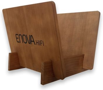 Nábytek z tmavého dřeva se dvěma otevřenými přihrádkami a textem "ENOVA HIFI" vyryým na boku, pohled ze tří čtvrtin