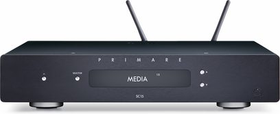Reproductor de audio en red Primare SC15 Prisma MK2 negro, vista frontal, con pantalla de visualización, botones de selección y navegación, en metal cepillado