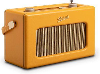 Radio da tavolo Roberts Revival iStream 3L gialla, custodia rettangolare con rivestimento in similpelle a grana con ampia griglia metallica frontale, due manopole rotative grigie e antenna ripiegata sulla parte superiore, vista da tre quarti anteriore sinistra