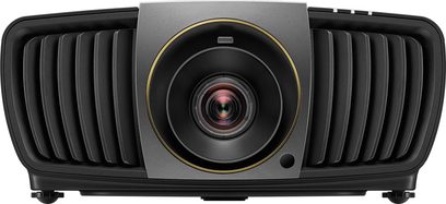Benq X12000 sort videoprojektor, set forfra, med gylden linse i midten omgivet af sorte gitre