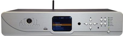 Síťový audio přehrávač Atoll ST-200 v hliníkovém provedení, pohled zepředu, modrý LCD displej, stříbrná tlačítka a ovládací kolečko