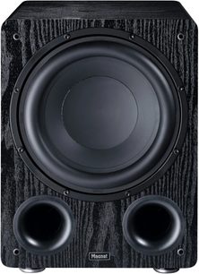 Subwoofer Alpha RS 12 černý s obdélníkovým čelem, centrálním kruhovým reproduktorem, 2 kulatými basreflexovými otvory dole, texturovaným povrchem