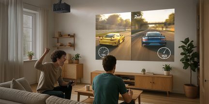 Salone moderno in legno chiaro, proiettore nero a soffitto, schermo di gioco di corse proiettato in modalità schermo diviso, vista posteriore dei giocatori