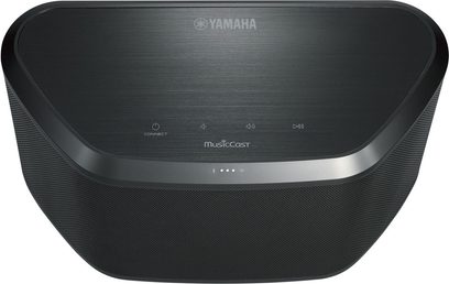 Trådløs netværkshøjttaler Yamaha WX-030 sort set ovenfra, kontrolknapper, sølvfarvet logo