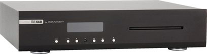 Musical Fidelity M2SCD sort CD-afspiller, frontvisning, sort front med digitalt display og sølvfarvede kontrolknapper