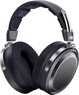 FiiO FT1 Pro open-back circumaural headphones in black and silver, metal frame with thick faux leather earpads and side grilles featuring a geometric pattern, three-quarter front view
