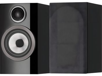 Bowers & Wilkins 707 S3 siyah lake raf tipi hoparlör, çıkarılabilir ızgarası ve görünür sürücüleriyle önden görünüm