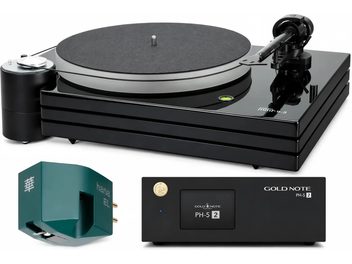 Music Hall mmf-9.3 Plattenspieler in glänzendem Schwarz, mit grünem Hana EL Tonabnehmer und Gold Note PH-5 Phono-Vorverstärker 2