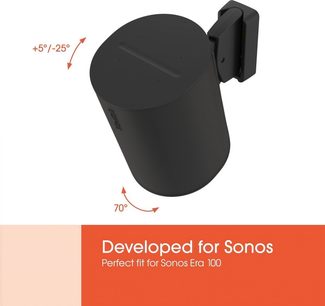 Svart Vogel's SWM 4021 väggfäste med Sonos Era 100-högtalare, lutning +5°/-25° och vridning 70°