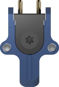 Cellula per giradischi hi-fi Ortofon MC 90X vista frontale, struttura blu a T con due pin dorati e un centro nero