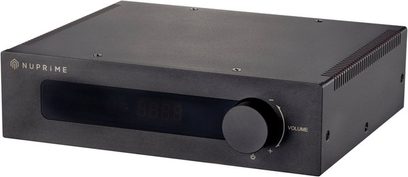 Nuprime IDA-6 sort hi-fi stereforstærker, set forfra, rektangulært mat sort kabinet, front med drejeknap og hovedtelefonstik