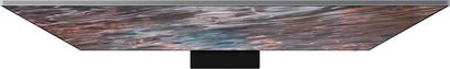 Samsung QE85QN800A-tv, set forfra, slukket skærm, smal sort ramme, centralt sort fod, reflekterende panel