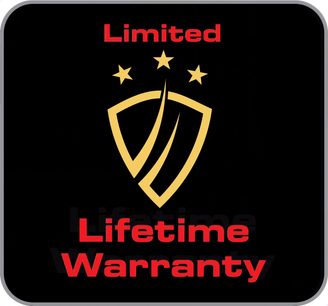 Auksinės spalvos skydo formos logotipas su 3 žvaigždutėmis ir raudonu tekstu "Limited Lifetime Warranty" ant juodo fono