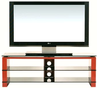 Ateca AT141 lyd- og videomøbel, moderne design, sort og rød, glashylder, TV-plads, set forfra