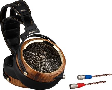 Otevřená hifi sluchátka Sendy Audio Peacock Zebra, zebrové a černé dřevo, kulaté mřížkované náušníky, černý kožený hlavový most, červený a modrý kabel