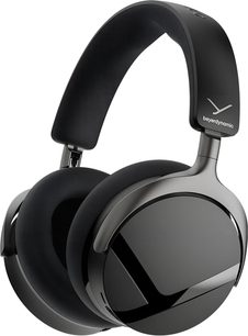 Svarta Beyerdynamic Aventho Y hi-fi-hörlurar med vadderad bygel och omslutande öronkuddar, sedda i trekvartsvy