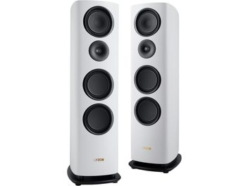 Pair of Canton Reference 5 GS matte white floorstanding speakers, curved cabinet with black drivers and black base