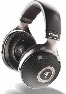 Åbent hi-fi hovedsæt Focal ELEAR, sort og sølv, set fra venstre profil, ørepuder og hovedbøjle i læder, metalrist