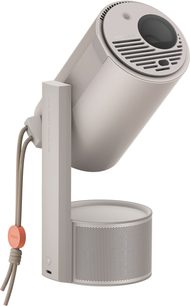 Videoproiettore XGIMI MoGo 3 Pro, vista laterale, cilindro inclinato, griglia perforata, pulsante circolare, cavo con attacco