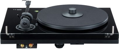 Music Hall MMF 5.3 sort pladespiller, set ovenfra. Mat sort pladedrev, tonarm med pickup, knapper og kontakt