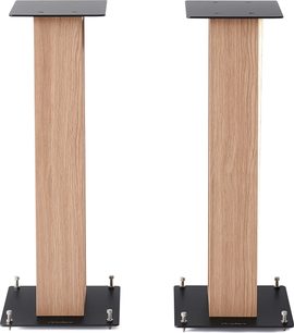 Norstone Design Lautsprecherständer Alva plus helles Eichenholz, Vorderansicht, 2 vertikale Säulen, schwarze Sockel, 4 verstellbare Füße