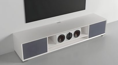 Clic Classic Series Model 242 hvidt AV-møbel i træ, tre højttalere, grå stofpaneler