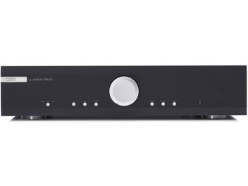 Ampli hi-fi integrált sztereó Musical Fidelity M3si fekete színben, ezüstszínű kör alakú központi gombbal és 8 kisebb kör alakú gombbal