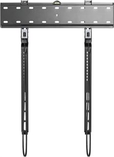 Fixed black metal wall TV mount, front view. Perforated rectangular plate with two adjustable vertical arms