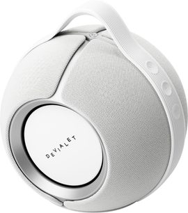 Kaasaskantav Bluetooth-kõlar DEVIALET MANIA valge, sfäärilise disainiga, integreeritud käepideme ja nähtavate külgnuppudega