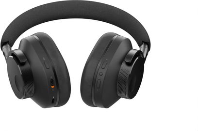 Cambridge Audio Melomania P100 SE hovedtelefoner i sort, mat plast og stofbøjle, trekvartsvisning, knapper, orange skyder, USB-C