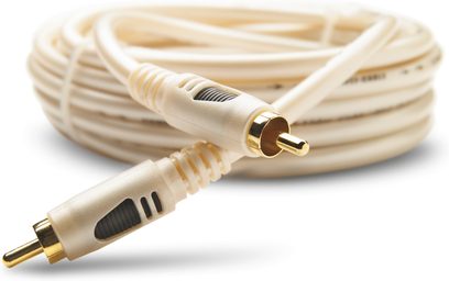 Câble pour caisson de basses Sub Dôme 5m, connecteurs RCA dorés, gaines beige, embouts nervurés, surface lisse, vue enroulée