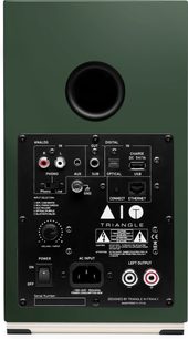 Triangle AIO TWIN yeşil İngilizce renkli akıllı hoparlör. Arka görünüm. Analog ve dijital ses bağlantıları, USB, Ethernet