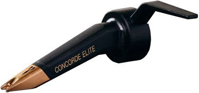 DJ-pladespillercelle fra Ortofon Concorde Elite, mat sort kabinet, forgyldt nåle, profilvisning på hvid baggrund
