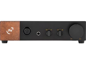 Ferrum Audio OOR headphone amplifier, brushed copper aluminum front panel, headphone jacks, selectors, LEDs, volume control